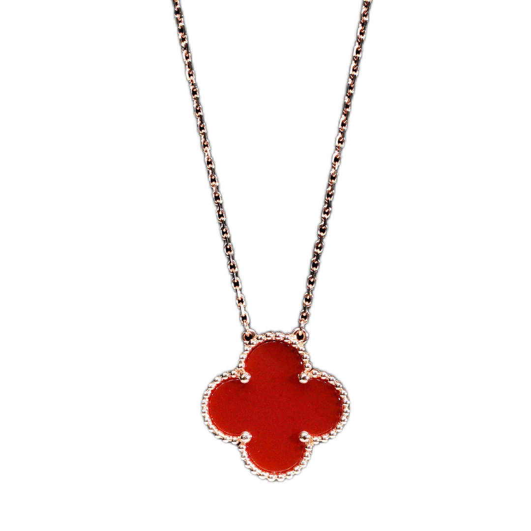 99新 梵克雅宝 Magic Alhambr系列 玫瑰金20mm红玉髓四叶草项链