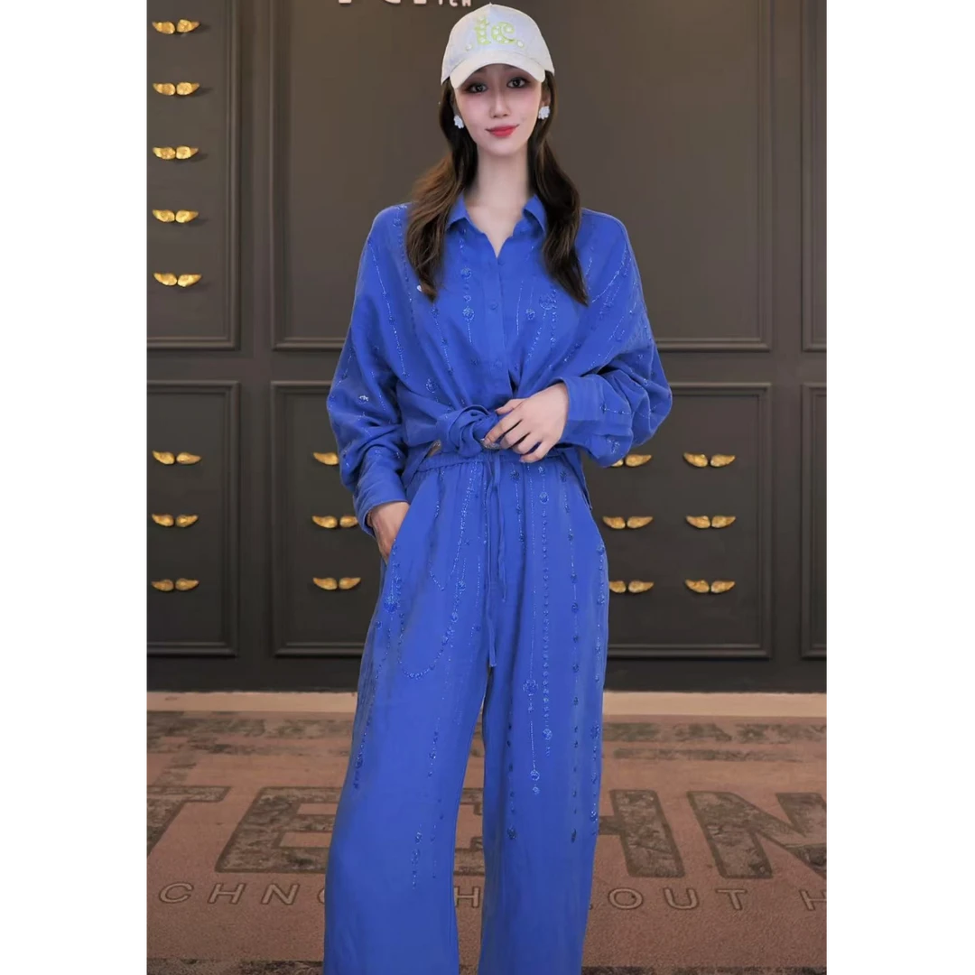 TCH轻奢烫钻亚麻休闲时尚长裤男女同款系带气质松紧腰牛仔小众