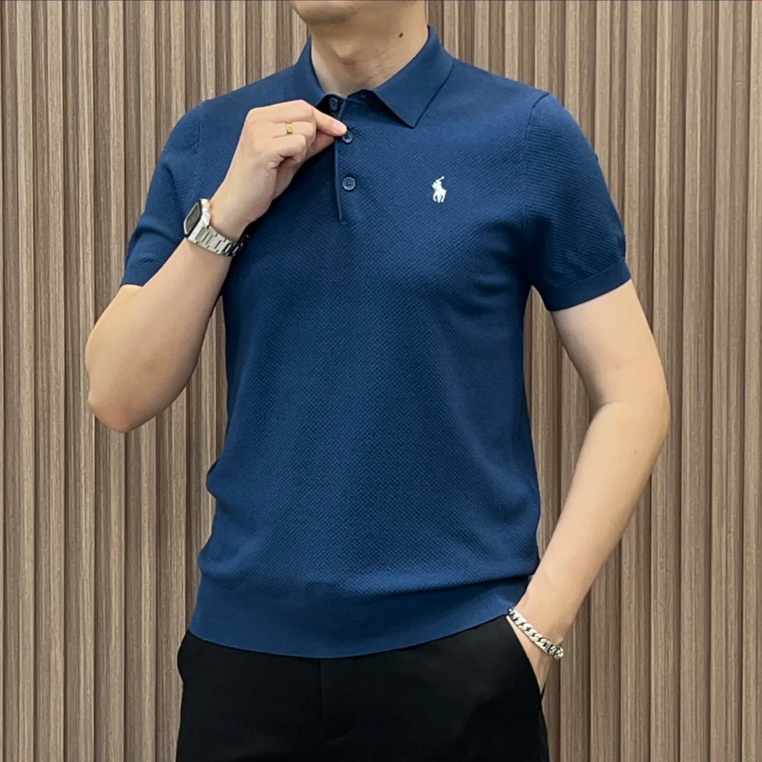 夏季新品潮流针织纯色Polo衫短袖上衣t恤轻奢修身翻领针织短袖