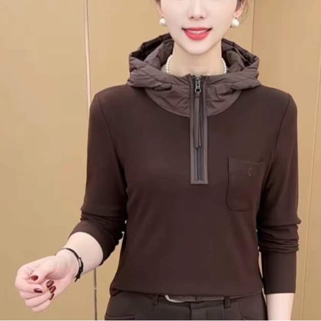2025冬季新款时尚连帽半拉链设计常规版休闲百搭洋气显瘦长袖上衣