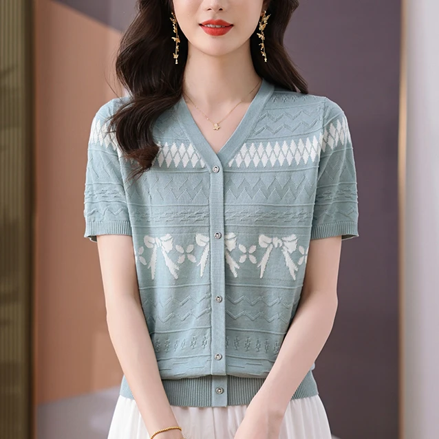 高级感提花冰丝上衣女士夏季漂亮减龄妈妈短袖t恤新款v领气质小衫