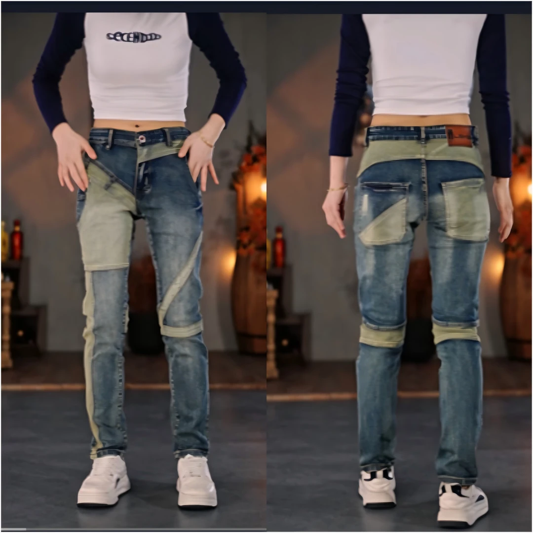 LSKB拼接 秋冬季新款男士修身拼接潮流复古机车直筒痞帅男长裤