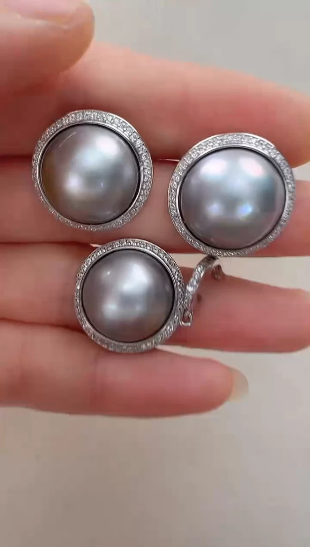 【闪购商品】拼合珍珠（马贝珠）耳饰银S925镶嵌灰色太阳花套装