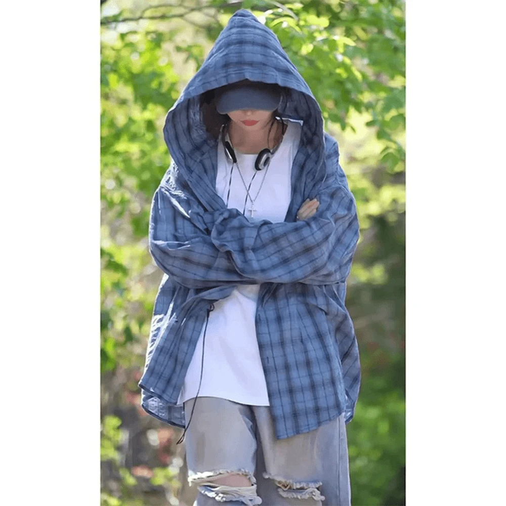 cleanfit格子衬衫男夏季防晒连帽衬衣慵懒风休闲外套骑车防晒服