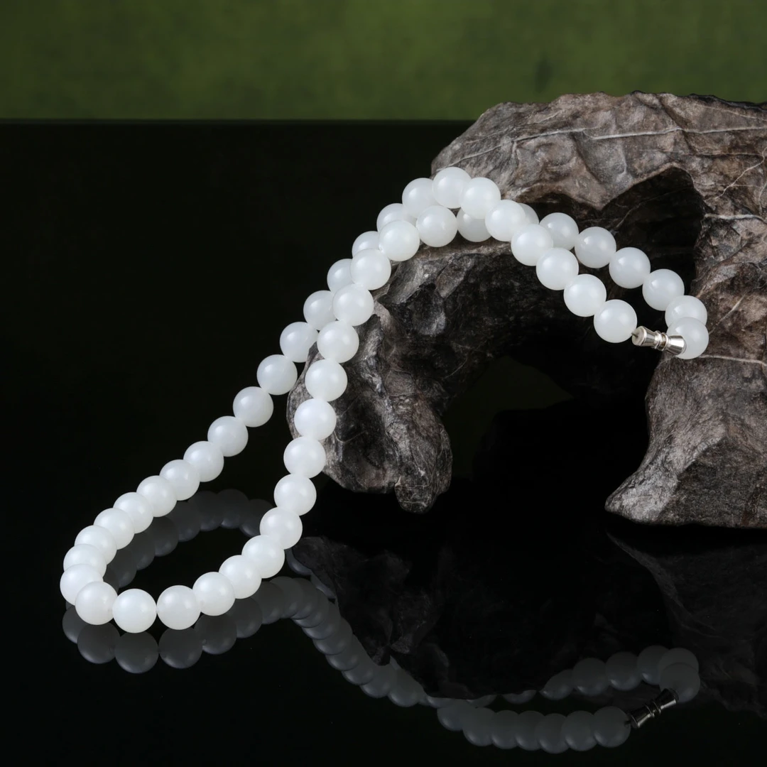 【意婵】《致己》（9.5mm）总长50cm 典藏级和田玉羊脂白玉项链-913644