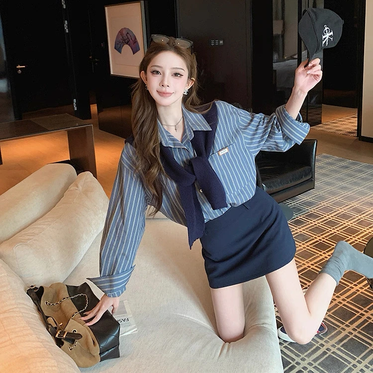 宽松学院风披肩衬衫女秋季新款百搭高级感长袖上衣高腰短裙三件套