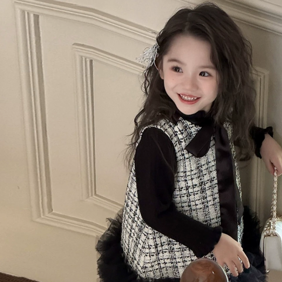 女童法式小香风公主裙加绒2024冬装新款洋气宝宝连衣裙毛呢背心裙