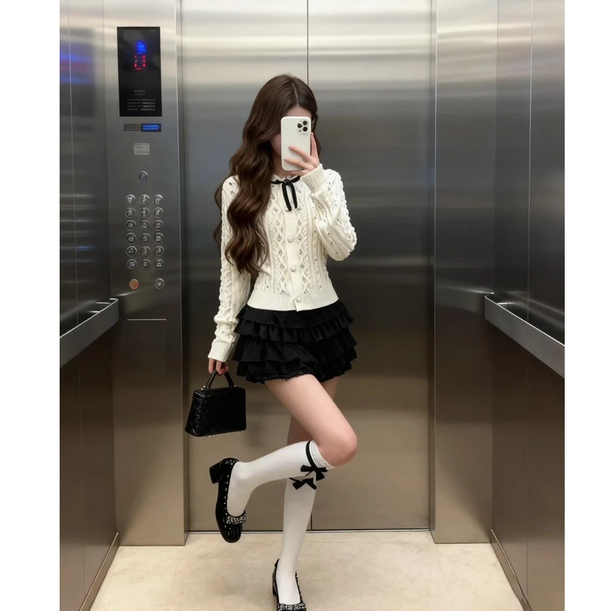 法式小香风蝴蝶结烫钻长袖针织开衫女秋季新款圆领外搭毛衣