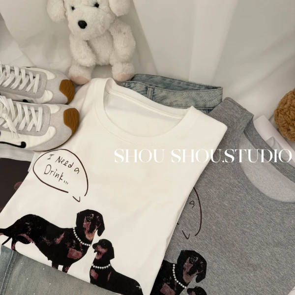 【瘦瘦】珍珠狗-大码夏季圆领套头狗狗印花宽松百搭短袖S01457