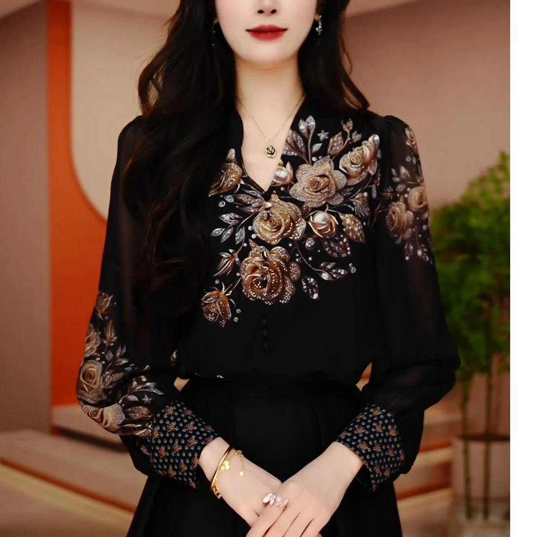 A250002-新款琉璃双皱丝洋气时尚百搭休闲气质印花女士长袖上衣