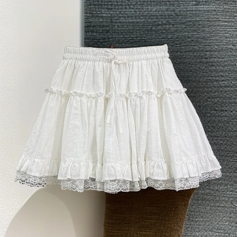 芭蕾风小个子系带蕾丝拼接半身裙女2025春季新款百搭木耳A字短裙