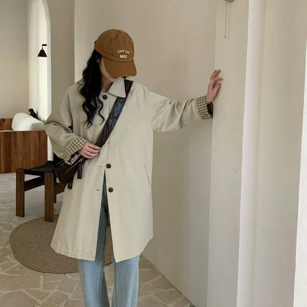 85149-春季新款净面袖口外翻拼接格子设计款长款单排扣风衣外套