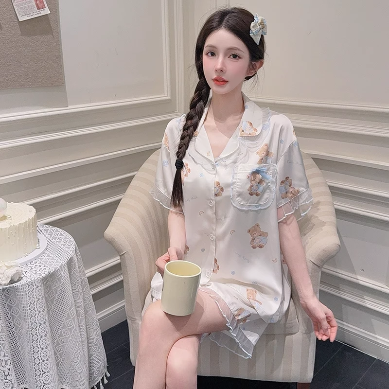 法式睡衣女夏季冰丝短袖短裤卡通网红小熊花边开衫爆款家居服套装