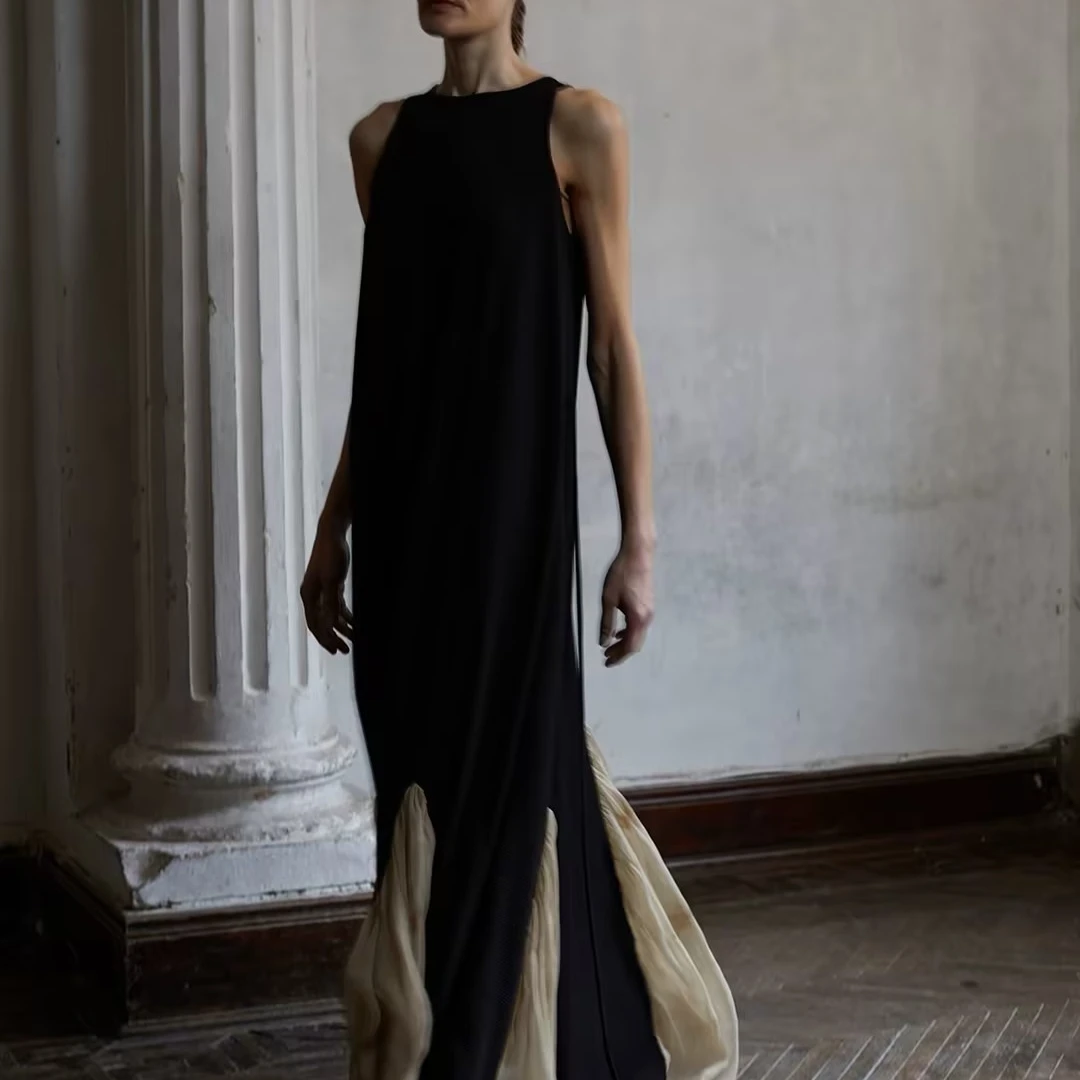 MIURA DESIGN 2025SS 黑色针织 立体暗纹拼纱植物染 真丝连衣裙