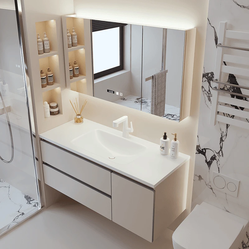 岩板热弯一体盆居家好物奶油风实木智能浴室柜组合卫生间洗脸台盆