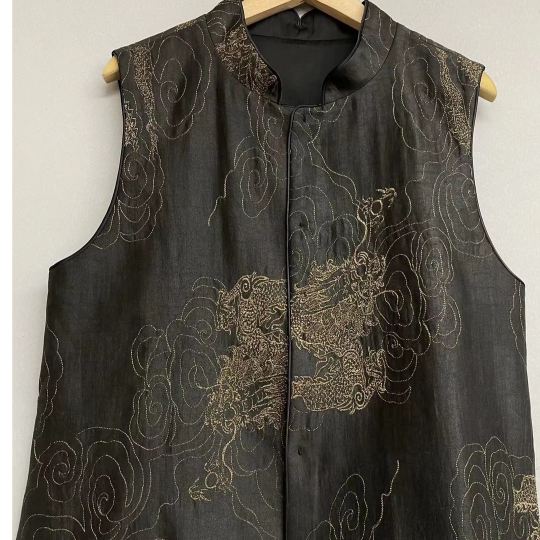 LY0001！100桑蚕丝时尚中式国风龙绣花金丝提花百搭休闲马甲马夹女