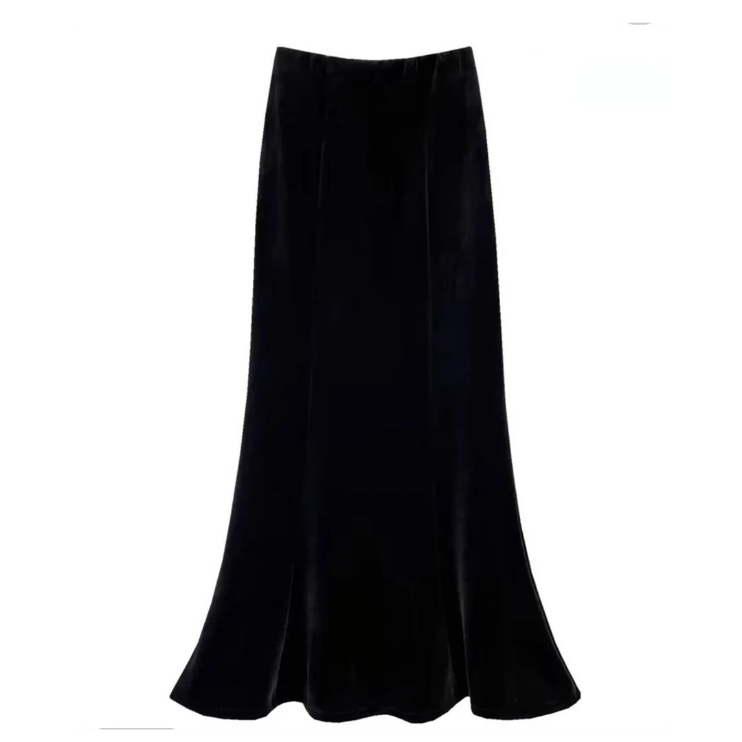 高品质高密黑色丝绒包臀鱼尾半身裙2024新款气质冬款裙子