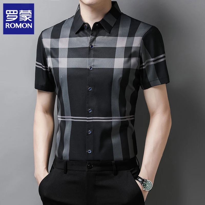 Romon/罗蒙短袖商务男修身衬衫衬衣格子夏季四季通用男士印花免烫