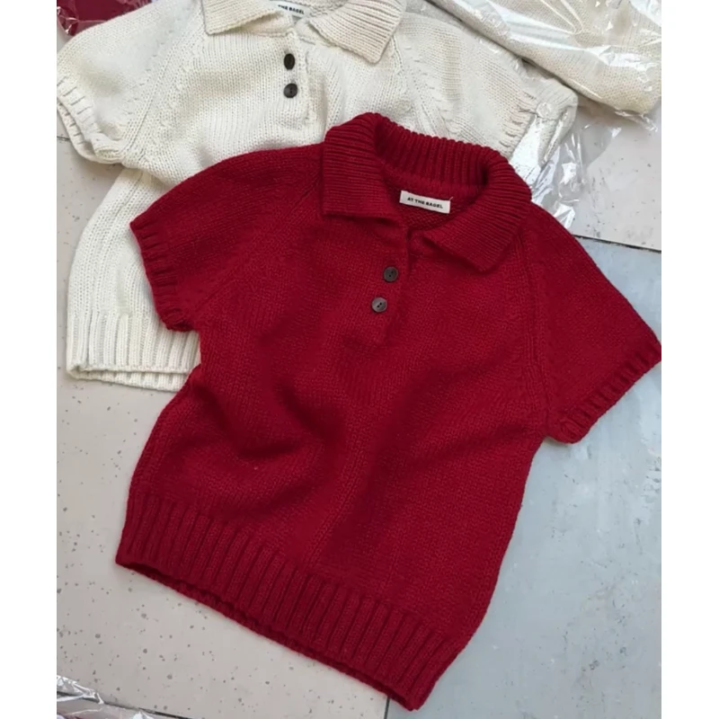 韩版简约polo领针织短袖针织衫女2025秋冬季新款气质叠穿显瘦上衣