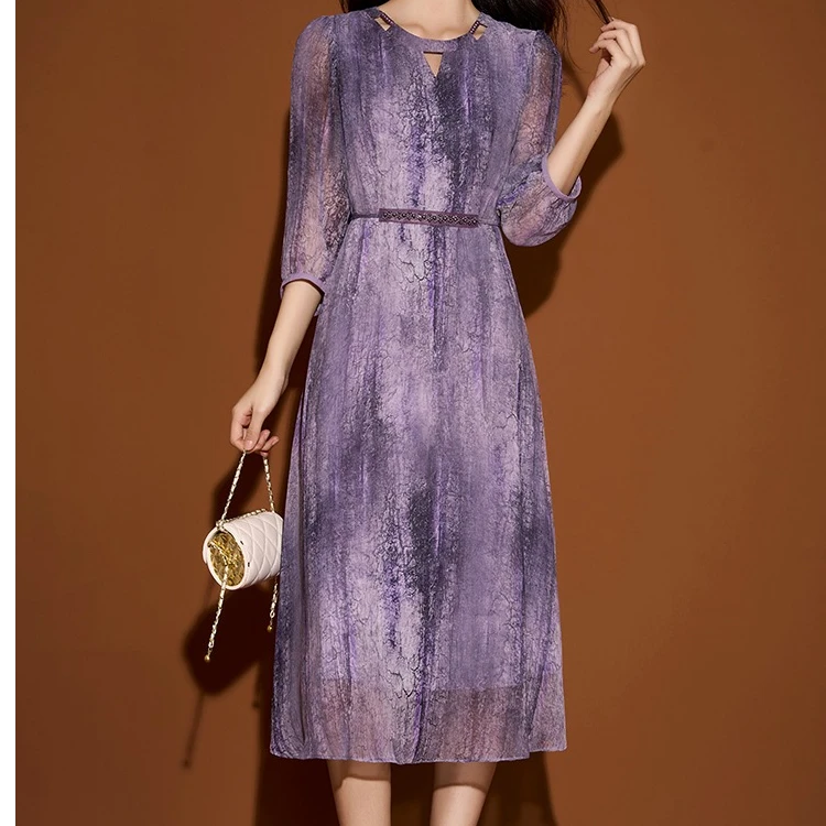 （一帘幽梦）夏季蚕 丝 圆领2025年扎染印花显瘦高腰连衣裙