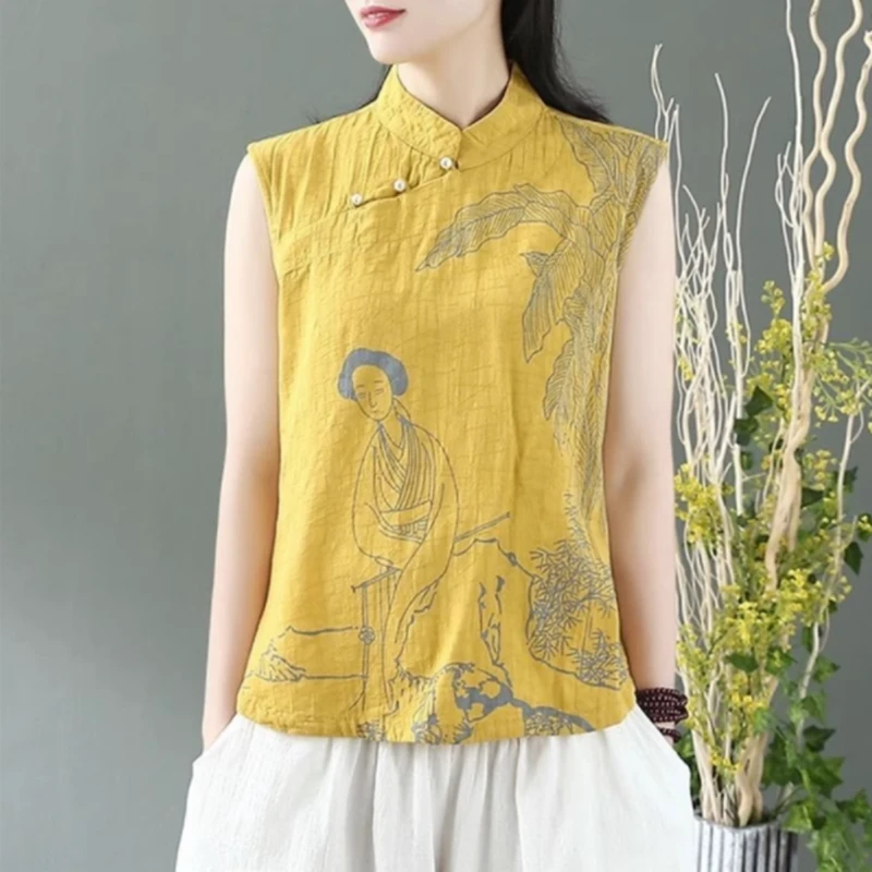 文艺复古棉麻斜襟马甲盘扣背心女中国风无袖外穿坎肩印花茶服上衣