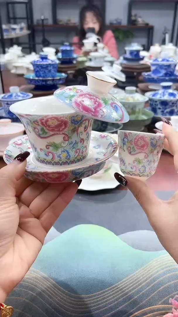 【闪购商品】掐银富贵红牡丹盖碗+1杯