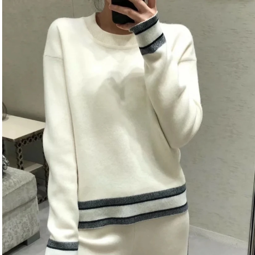 95新 DIOR/迪奥 J18928 条纹字母嵌花山羊绒长袖针织衫 36 XS码
