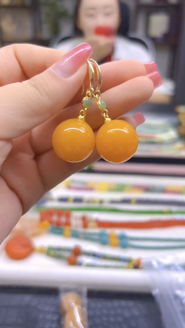 蜜蜡14K金镶嵌耳饰DIY款E893