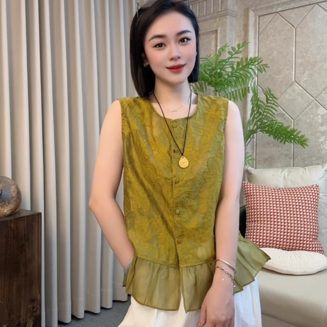 依骊汇夏季气质款百搭休闲显瘦纯色提花无袖衬衫女上衣9976