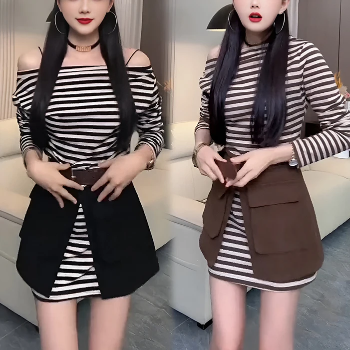 韩系慵懒风露肩条纹长袖T恤裙2025秋季新款牛仔身裙两件套装女