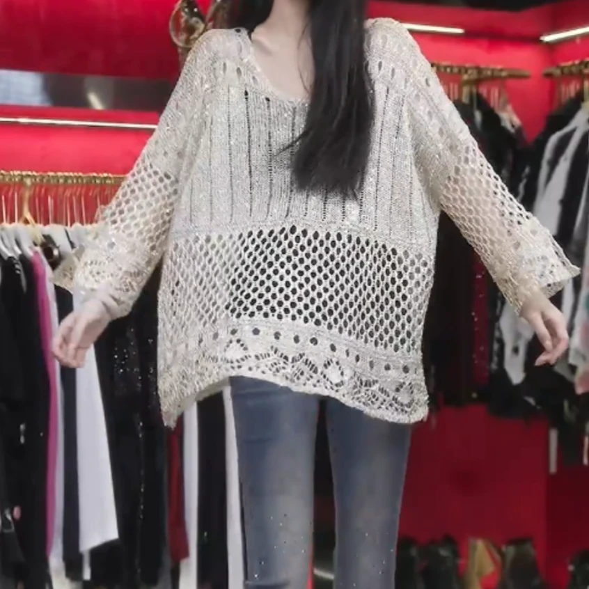 丽丽家 柚帘条纹烫钻网纱宽松遮肉上衣