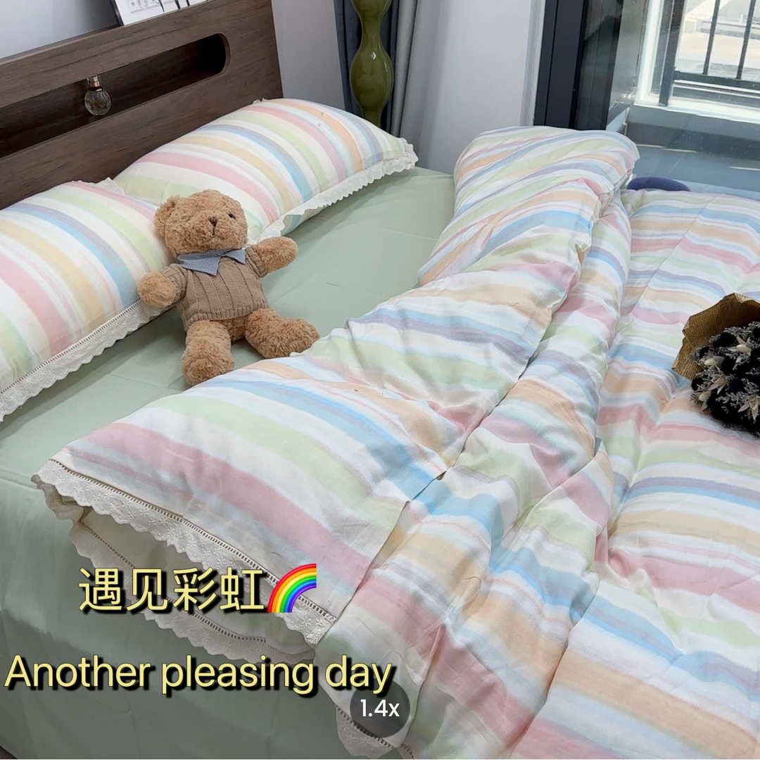 韩式全棉有氧双层纱四件套镂空花边A类纯棉人字纹床单宿舍三件套