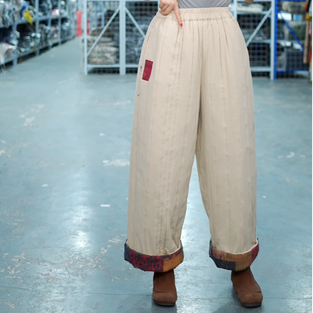 花璟与麻原创设计款贴布夹棉棉裤（裤长89腰围70-106臀围130）