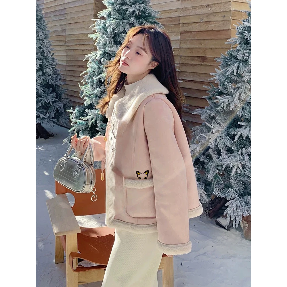 M5VB8168#（以直播间展示为准）粉色毛呢皮毛一体外套女秋冬短款