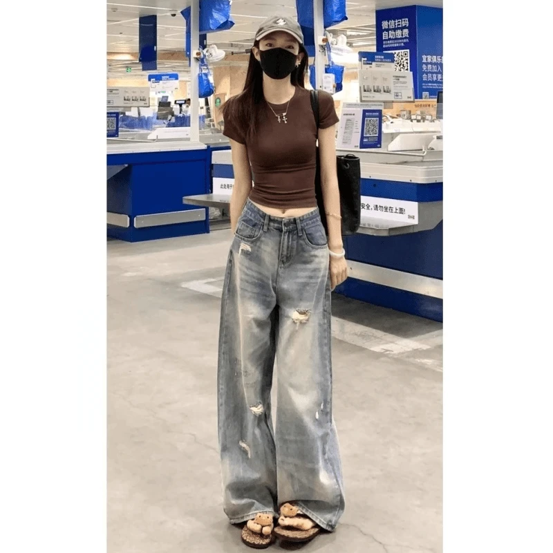 美式复古破洞牛仔裤女夏季薄款小个子宽松显瘦阔腿长裤