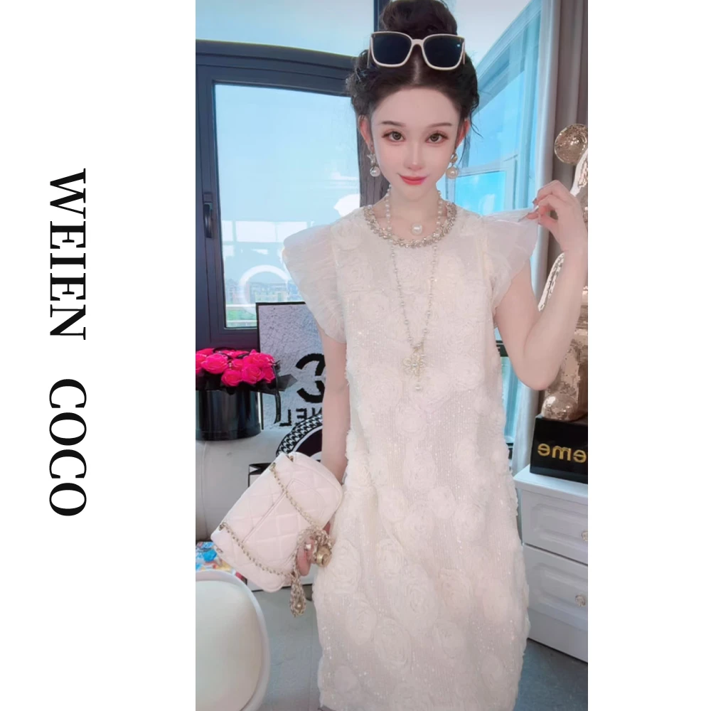 【薇恩COCO】女装连衣裙重工蕾丝刺绣花朵休闲百搭夏短袖裙K4653