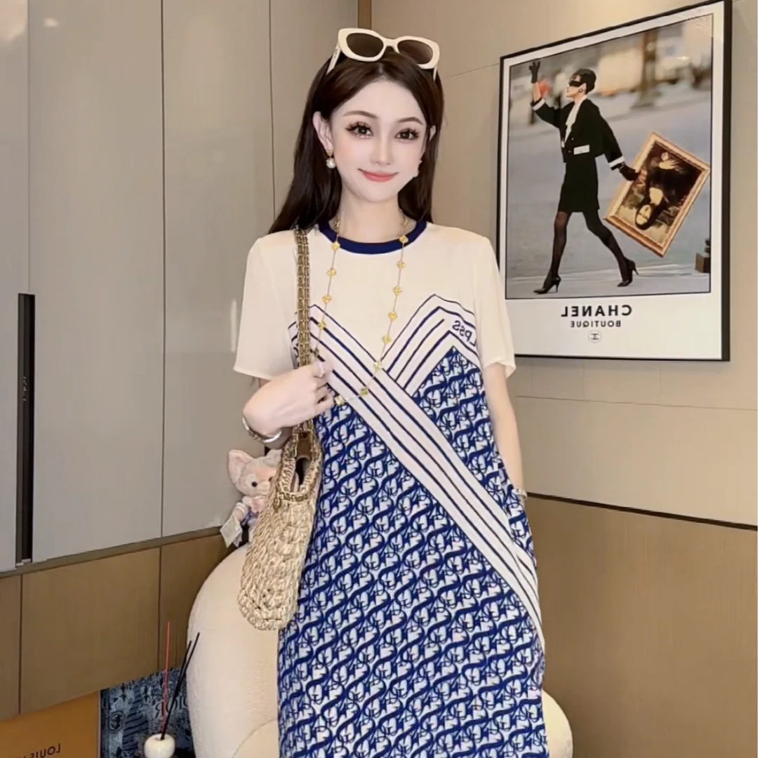 【丝芙玉禄】【E955】100%真丝双绉圆领拼色印花桑蚕丝女装连衣裙