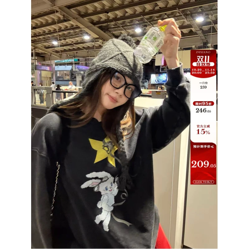 芭蕾小兔！440g冬季一体绒做旧水洗宽松印花无帽加绒卫衣女