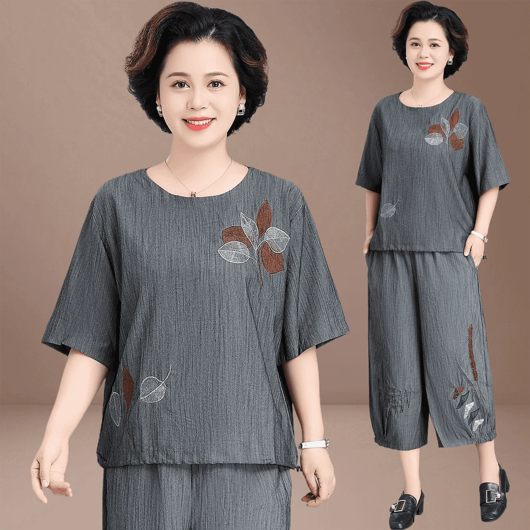 气质妈妈装夏装短袖套装新款中老年母亲洋气夏季棉麻t恤两件套女