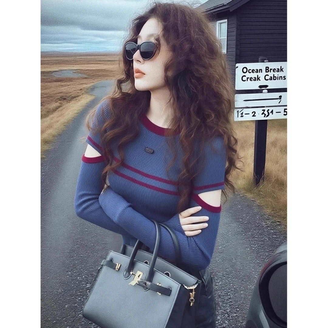 春秋独特小个子拼色镂空毛衣针织打底衫女内搭设计感港味复古上衣