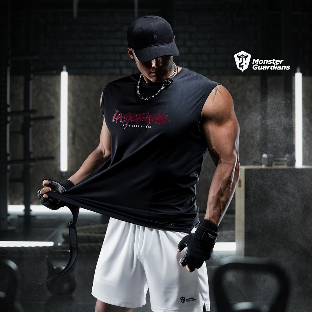 MonsterGuardians男子黑色温变科技印花无袖 高弹运动背心