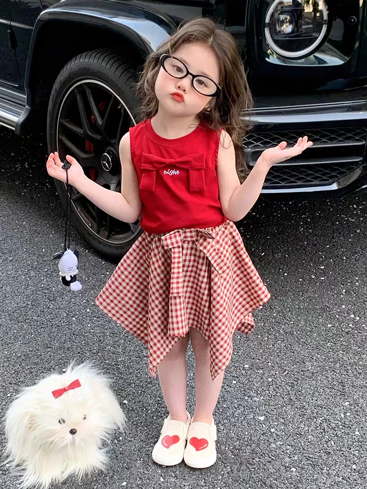 2025夏季新款女童洋气时尚休闲红色短袖格子裙套装两件套