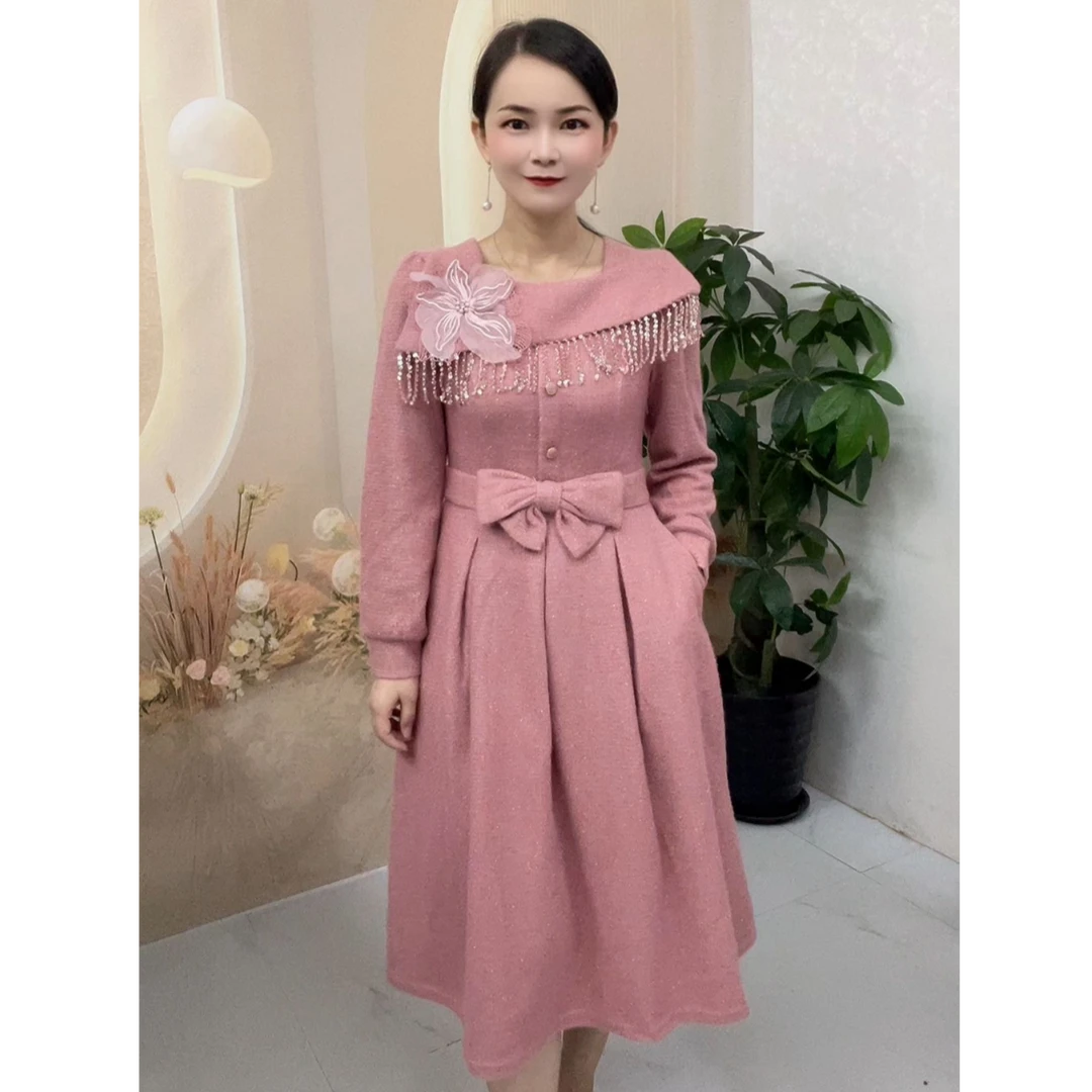 2025秋冬新款洋气显瘦修身通勤过膝侧拉链时尚法式长袖连衣裙