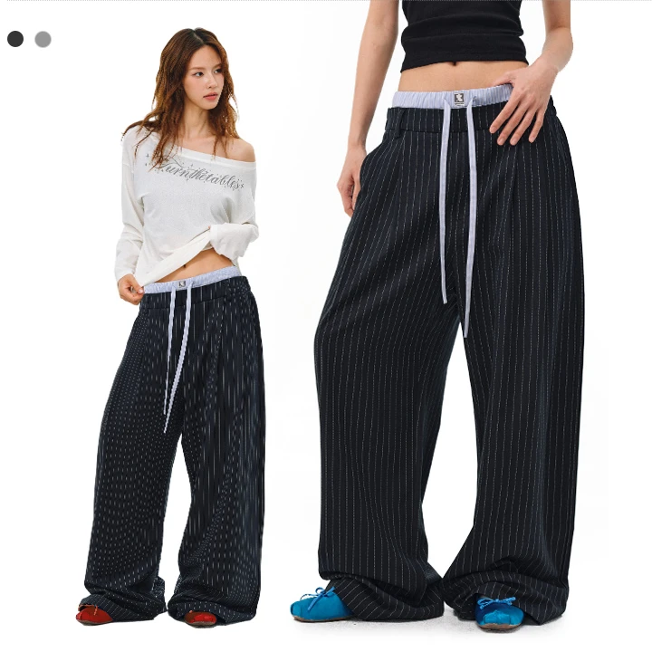 【抗皱显瘦】条纹拼接双腰头西裤阔腿裤宽松休闲裤Turnthetables