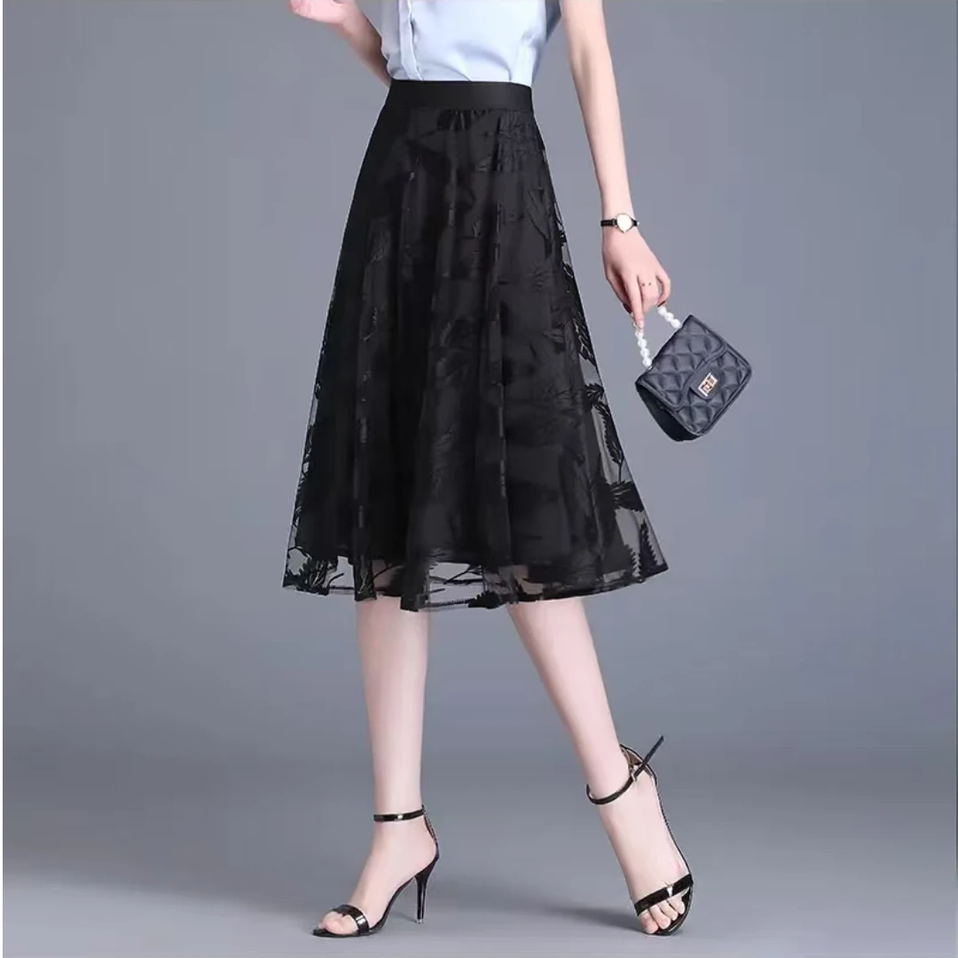 网纱长裙大摆纱裙女夏a字大码百褶裙半身裙2024夏季裙子新款半裙