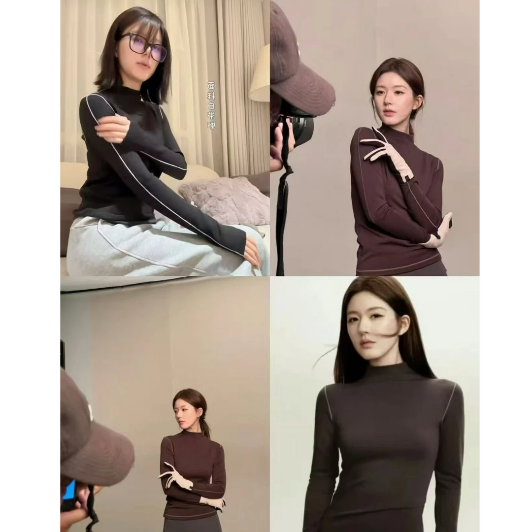 【E念+】露丝同款加绒半高领撞线显瘦百搭打底衫上衣8088