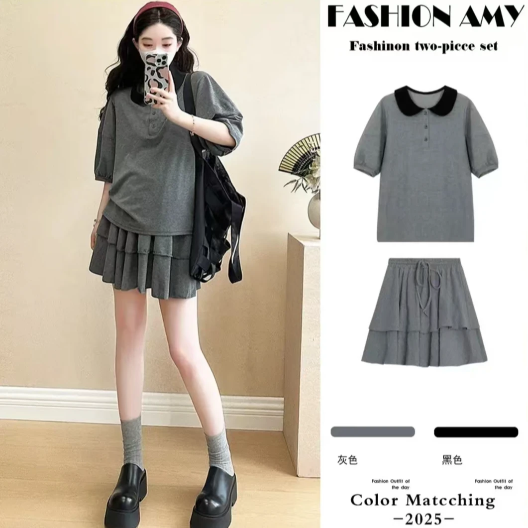 孕妇装夏季新款洋气时尚小个子学院风翻领撞色短袖上衣短裙子套装