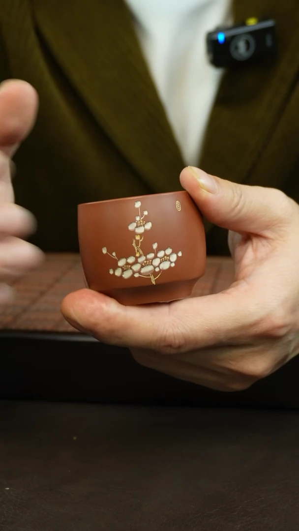 【闪购商品】坭兴陶梅花刻绘主人杯钦州红