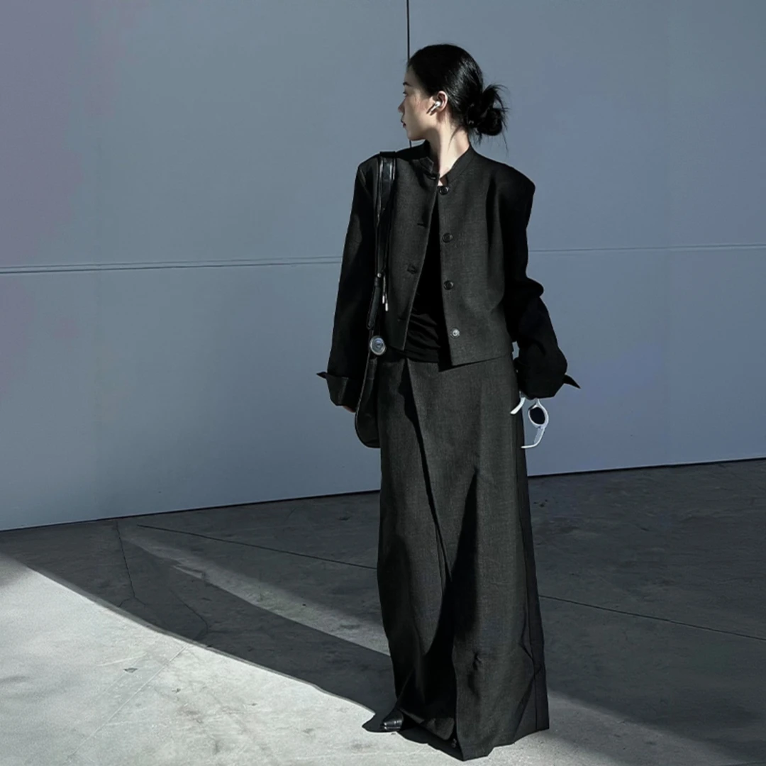 秋冬中式高级小众艺术感西装套装裙女老钱气质极简外套半裙两件套