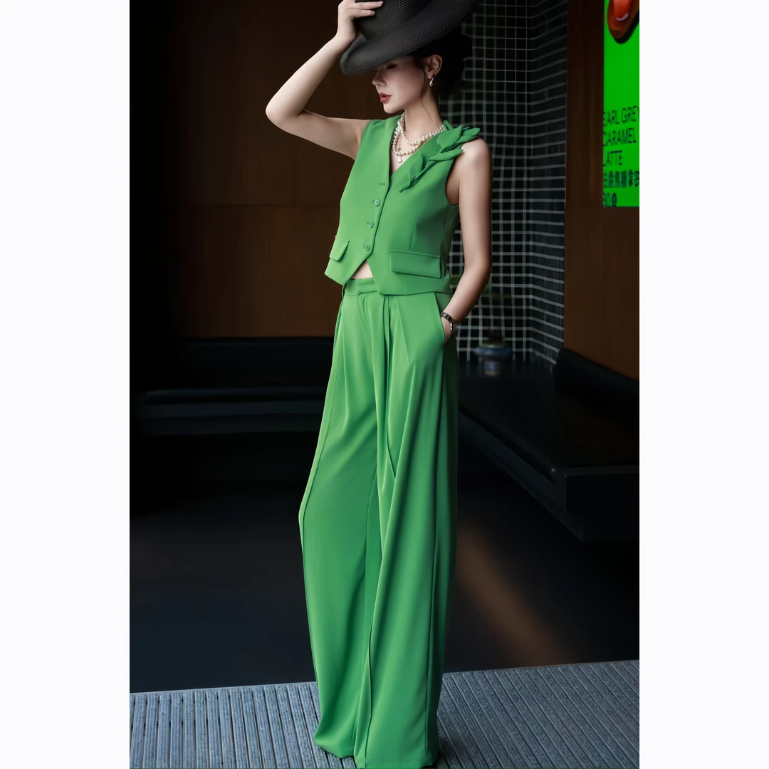 ZEROYK法式气质休闲套装夏季设计感立体花朵修身上衣阔腿裤两件套